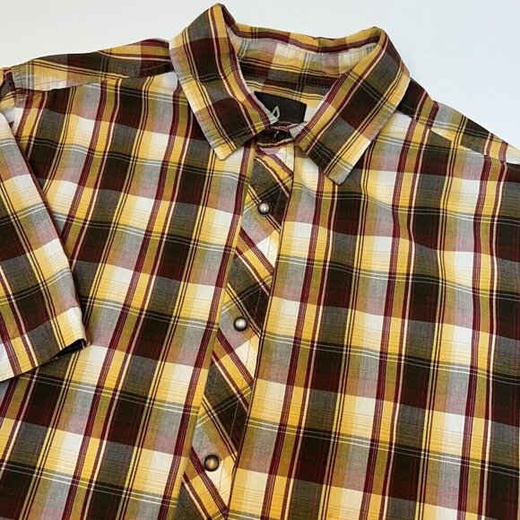 PrAna Shirt Mens Small Pearl Snap Plaid Short Sleeve Brown Yellow Maroon Casual - Picture 1 of 12